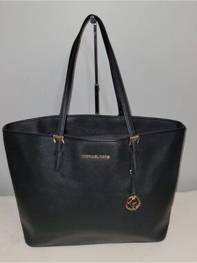 Michael Kors Jet Set Travel Black Saffiano Leather Tote with Gold Accent